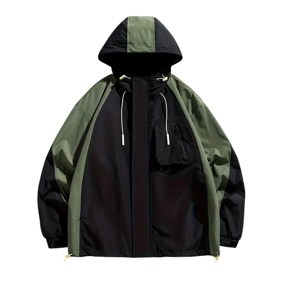 IYTR Men's Color Block Hooded Windbreaker Jacket Drawstring Hem Long Sleeve Zipper Pockets Streetwear Coats