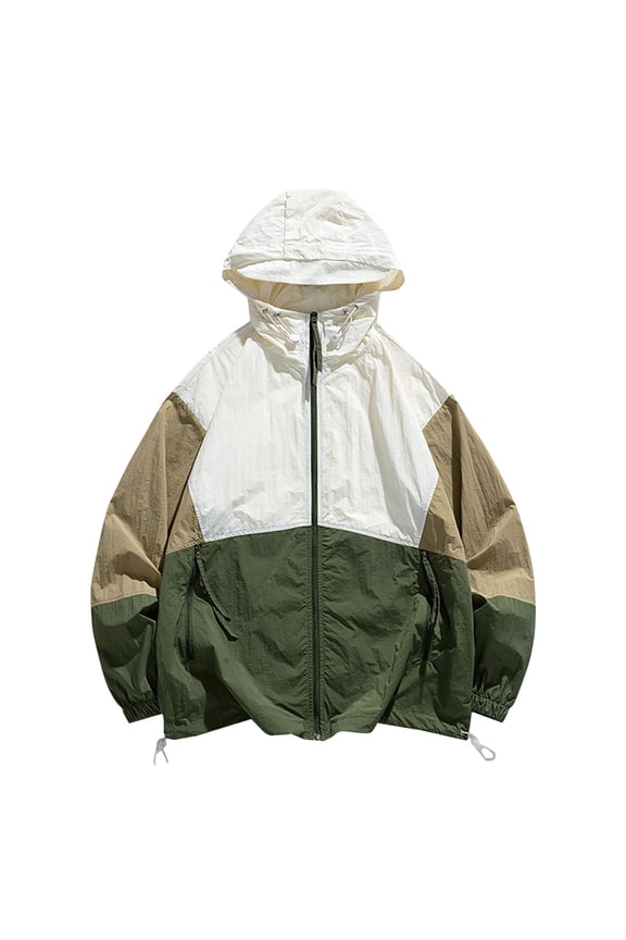 Men's Colorblock Windbreaker Jacket Long Sleeve Hooded Sport Coat Lightweight Zipper Up Pockets Outerwear Army Green S