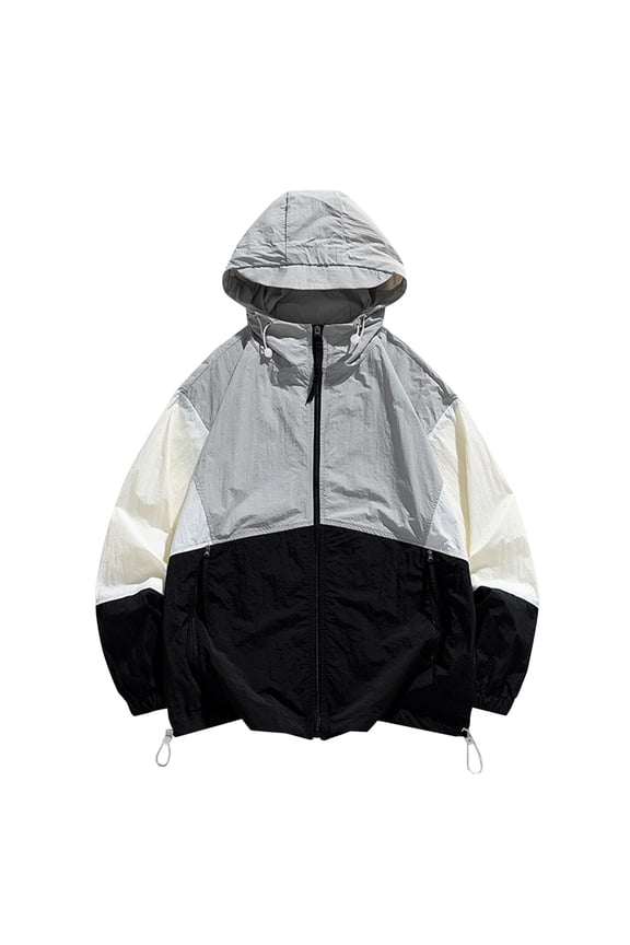 Men's Colorblock Windbreaker Jacket Long Sleeve Hooded Sport Coat Lightweight Zipper Up Pockets Outerwear Black M