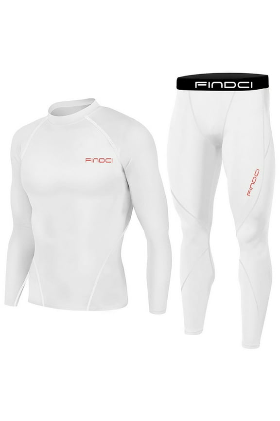 Men's Compression Base Layer Long Sleeve Shirt Pants Set Workout Fitness Sportswear Running Tight Thermal Underwear Wicking Breathable Gym Training Clothing White S