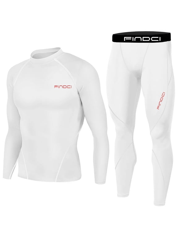 Men's Compression Base Layer Long Sleeve Shirt Pants Set Workout Fitness Sportswear Running Tight Thermal Underwear Wicking Breathable Gym Training Clothing White M