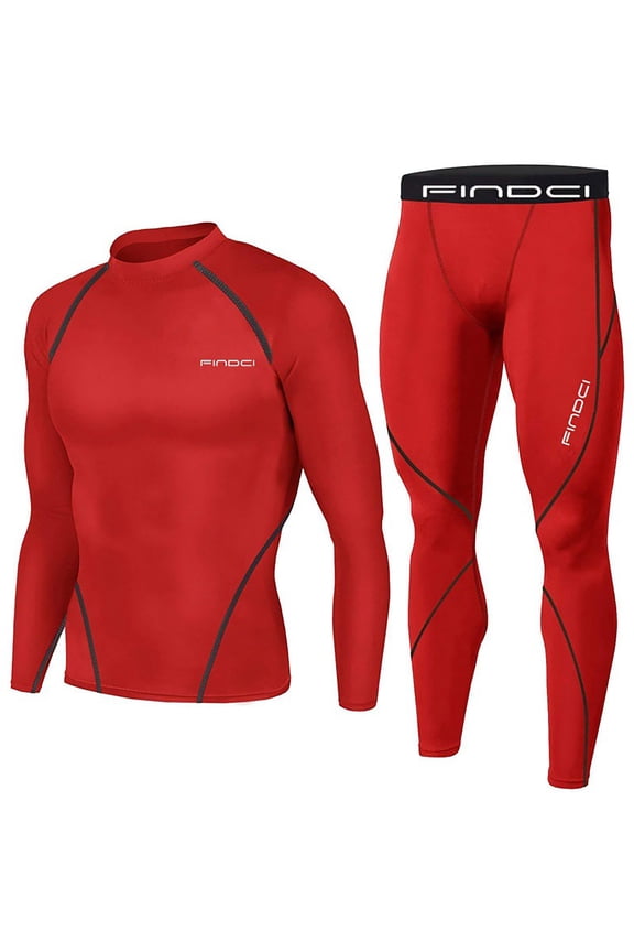 Men's Compression Base Layer Long Sleeve Shirt Pants Set Workout Fitness Sportswear Running Tight Thermal Underwear Wicking Breathable Gym Training Clothing Red M