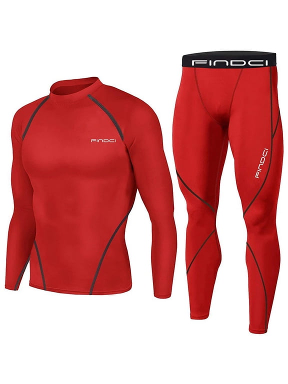 Men's Compression Base Layer Long Sleeve Shirt Pants Set Workout Fitness Sportswear Running Tight Thermal Underwear Wicking Breathable Gym Training Clothing Red XXL