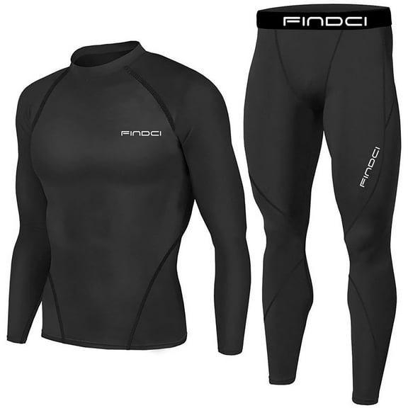 IYTR Men's Compression Base Layer Long Sleeve Shirt Pants Set Workout Fitness Sportswear Running Tight Thermal Underwear Wicking Breathable Gym Training Clothing Black XXXL