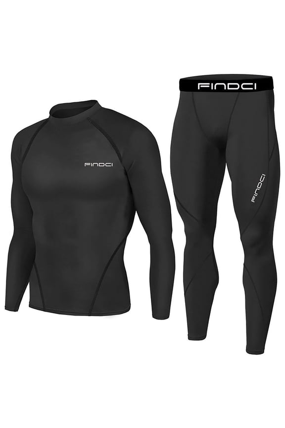 Men's Compression Base Layer Long Sleeve Shirt Pants Set Workout Fitness Sportswear Running Tight Thermal Underwear Wicking Breathable Gym Training Clothing Black XXXL