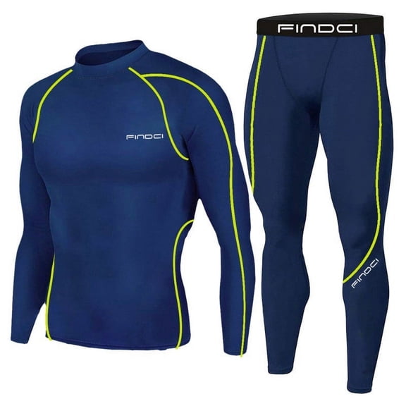 IYTR Men's Compression Base Layer Long Sleeve Shirt Pants Set Workout Gym Running Sportswear Thermal Underwear Dark Blue XXL