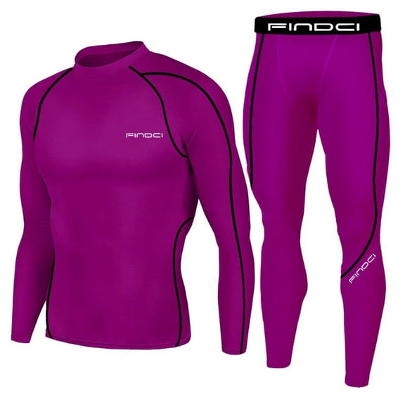 IYTR Men's Compression Base Layer Long Sleeve Shirt Pants Set Workout Gym Running Sportswear Thermal Underwear Purple L
