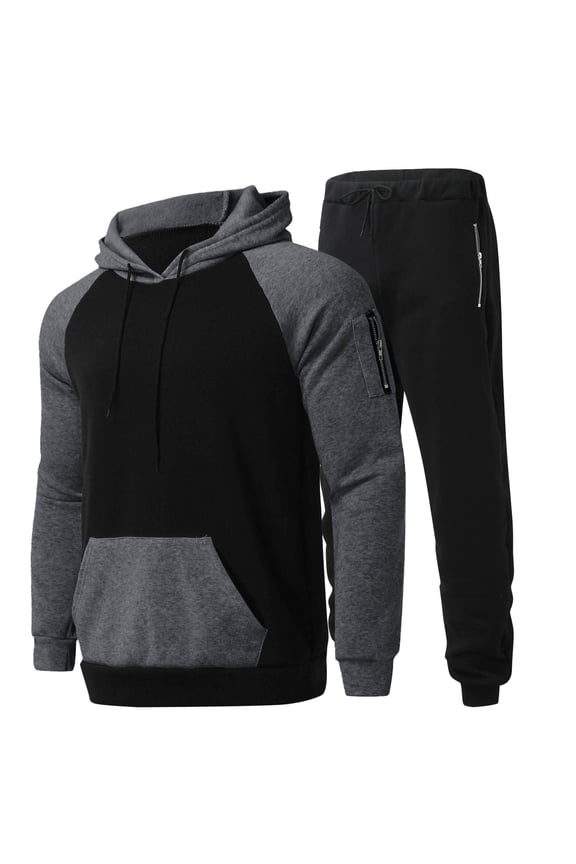 Men's Contrast Color Sweater Set Slim Long Sleeve Hooded Drawstring Sweater Pants Casual Sports Two Piece Set Gray XL
