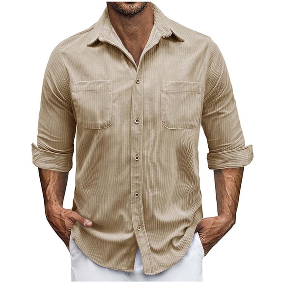 IYTR Men's Corduroy Button Up Shirts Casual Solid Color Long Sleeve Jacket with 2 Pocket (Khaki,S)