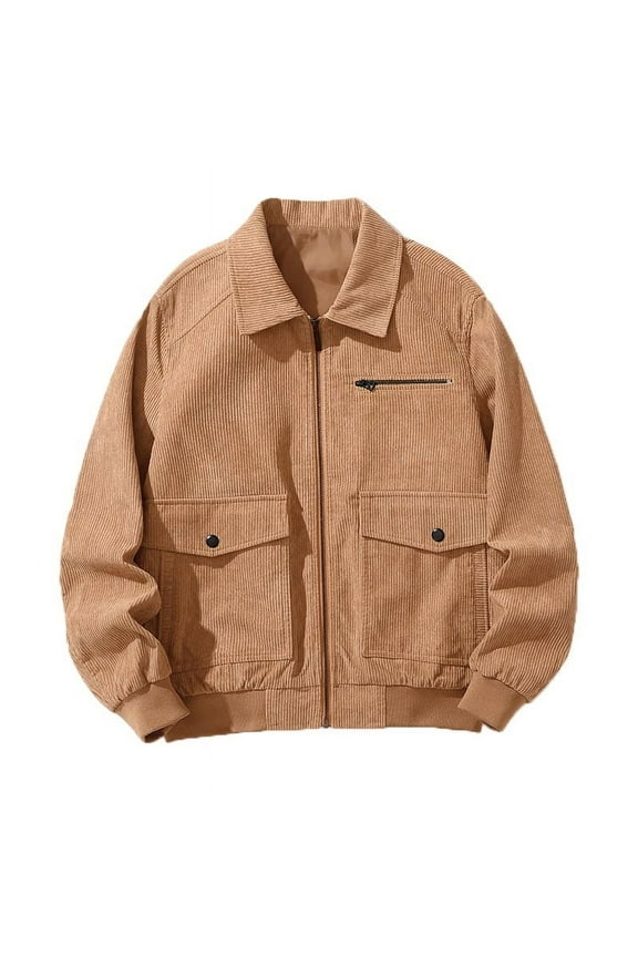 Men's Corduroy Baseball Jackets Stand Collar Long Sleeve Retro Streetwear Coats with Pockets