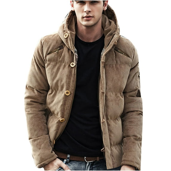 IYTR Men's Corduroy Hooded Thicken Coat Casual Thicken Down Jacket Solid Color Zipper Button Hooded Neck Jacket Long Sleeve with Pockets Khaki M