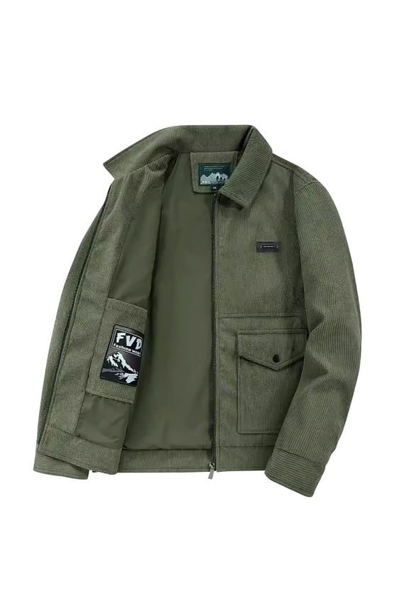 Men's Corduroy Jacket Long Sleeve Zip Up Jacket Fashion Winter Warm Windproof Athletic Coats Stand Collar Outdoor Running Jackets (Army Green,XL)