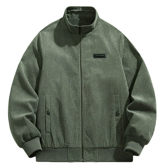 IYTR Men's Corduroy Jacket Stand Collar Long Sleeve Solid Zipper Pockets Baseball Jackets Coats Green XXXXL