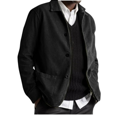 IYTR Men's Corduroy Jacket Turndown Collar Button Up Long Sleeve Coat Comfortable Lightweight Outerwear with Pockets Black XL