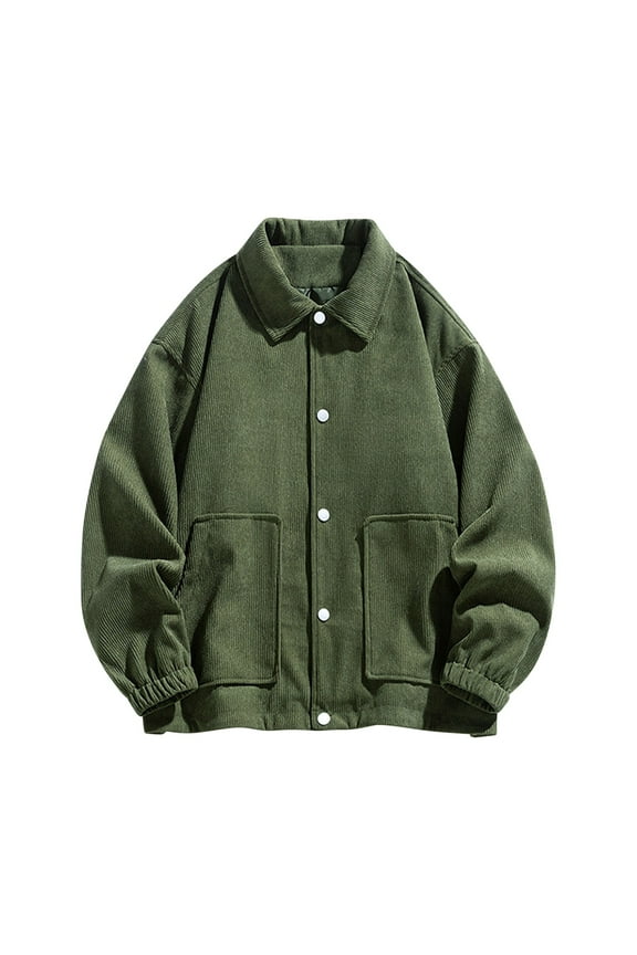 Men's Corduroy Trucker Jacket Loose Solid Lapel Long Sleeve Buttons Jacket Coat with Pockets Army Green XXL