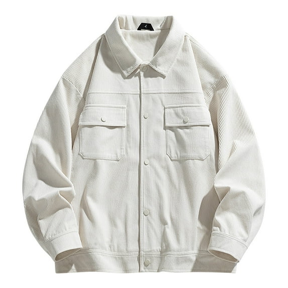 IYTR Men's Corduroy Trucker Jacket Loose Solid Lapel Long Sleeve Buttons Jacket Coat with Pockets Beige M