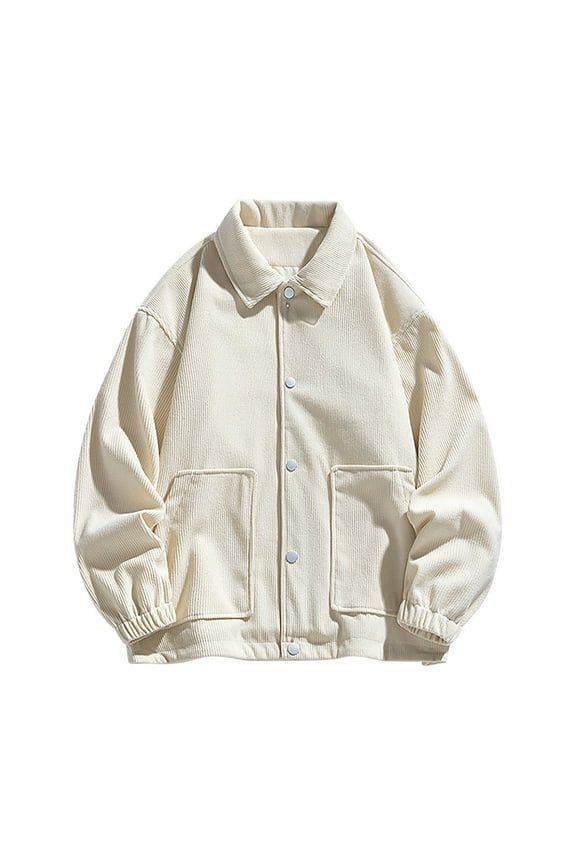 Men's Corduroy Trucker Jacket Loose Solid Lapel Long Sleeve Buttons Jacket Coat with Pockets Beige XXL