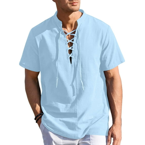 IYTR Men's Cotton Linen Shirts Summer Short Sleeve V Neck Drawstring Tshirt Fashion Solid Color Casual Loose Shirts Blouses Sky Blue M