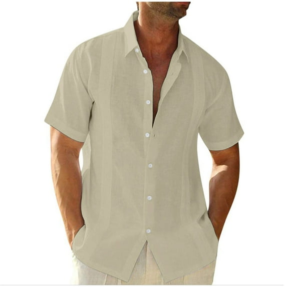 IYTR Men's Linen Short Sleeve Button Down Shirts Summer Fashion Lapel Beach Shirts Solid Color Casual Blouses Khaki L