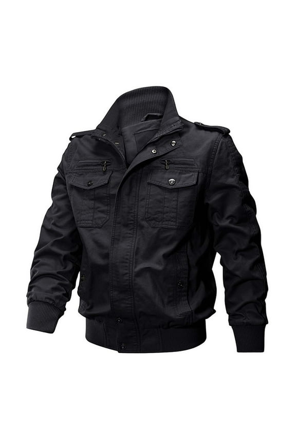Men's Cotton Military Jacket Warm Outdoor Zipper Button Windbreaker Multi Pocket Long Sleeve Jacket Fall Black XXXL