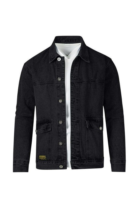 Men's Denim Jacket Button Up Long Sleeve Solid Color Jean Jacket Outwear Black Large Pocket Fashion Lightweight Spring Fall Black L