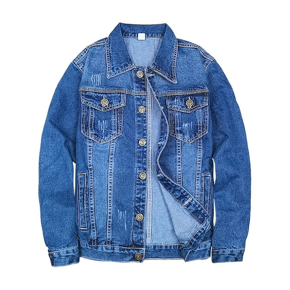 IYTR Men's Denim Jacket Fashion Button Up Lapel Long Sleeve Jean Jacket Distressed Ripped Jacket Blue L