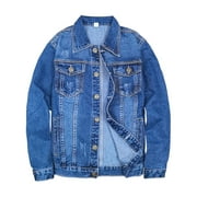 IYTR Mens Denim Jacket Fashion Button Up Lapel Long Sleeve Jean Jacket Distressed Ripped Jacket Blue M
