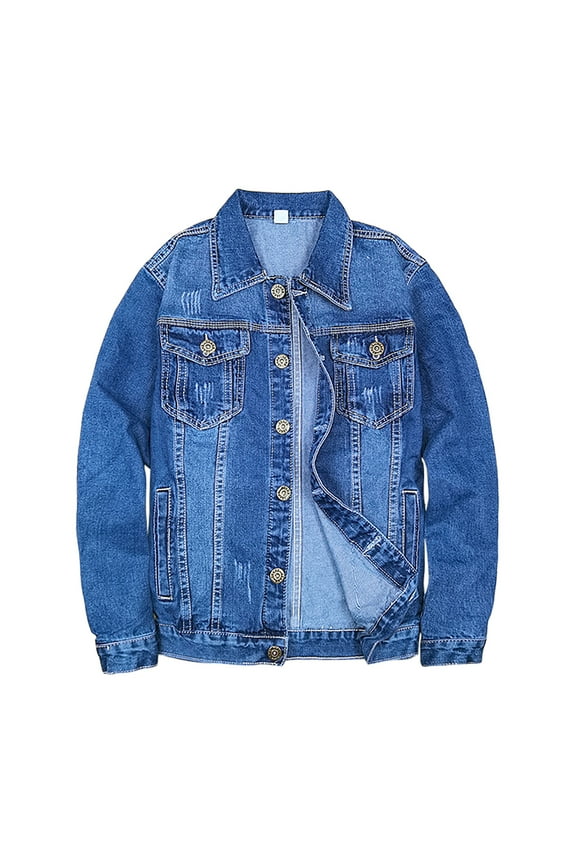Men's Denim Jacket Fashion Button Up Lapel Long Sleeve Jean Jacket Distressed Ripped Jacket Blue XXXL