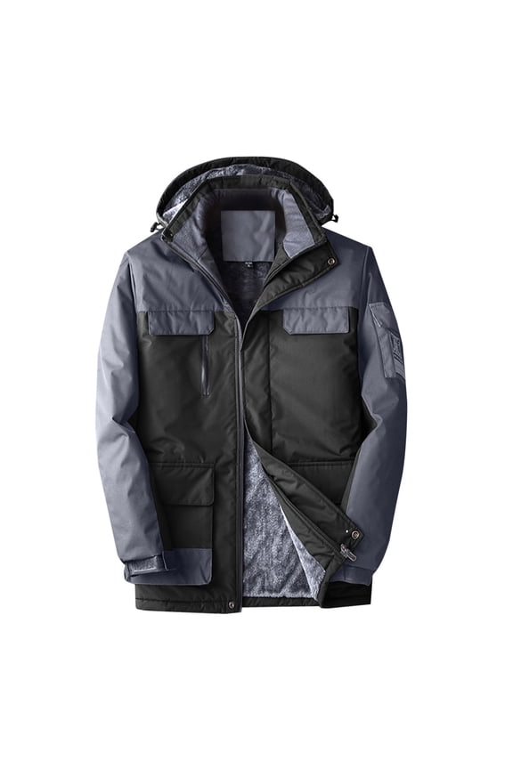 Men's Detachable Cap Hooded Jacket Solid Color Zipper Hooded Neck Jacket Long Sleeve Loose Plus Velvet Thick Plus Size Warm Coat with Pockets Dark Gray XXL
