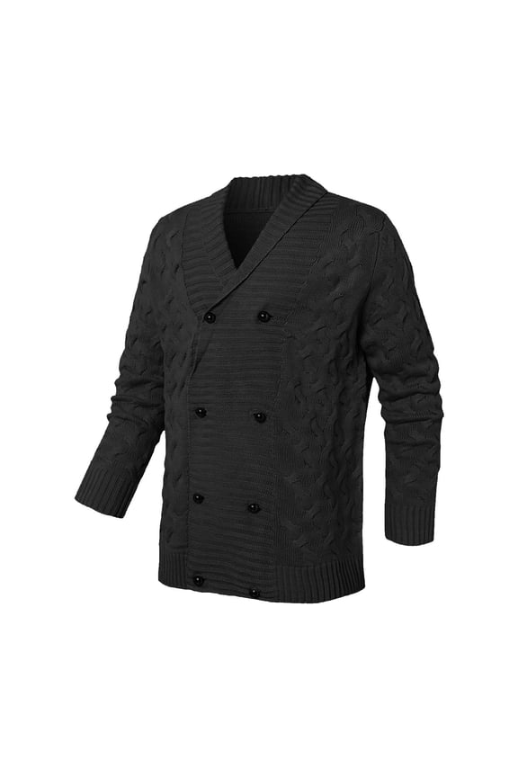 Men's Double Breasted Cable Knit Warm Pea Coat Notched Lapel Thickened Winter Cardigan Sweater with Pockets Black XL