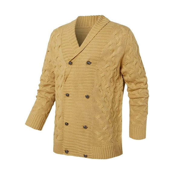 IYTR Men's Double Breasted Cable Knit Warm Pea Coat Notched Lapel Thickened Winter Cardigan Sweater with Pockets Khaki XXXL