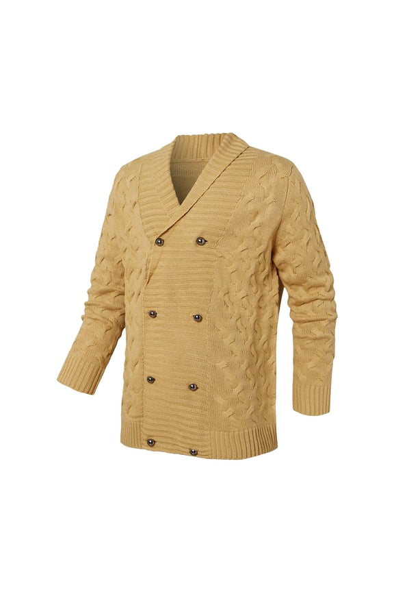 Men's Double Breasted Cable Knit Warm Pea Coat Notched Lapel Thickened Winter Cardigan Sweater with Pockets Khaki XXXL