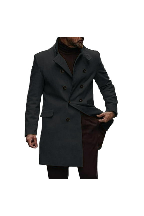 Men's Double Breasted Peacoat Lapel Solid Color Long Sleeve Coat Winter Warm Overcoat Long Trench Coat Black L