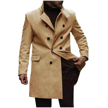 IYTR Men's Double Breasted Peacoat Lapel Solid Color Long Sleeve Coat Winter Warm Overcoat Long Trench Coat Khaki L