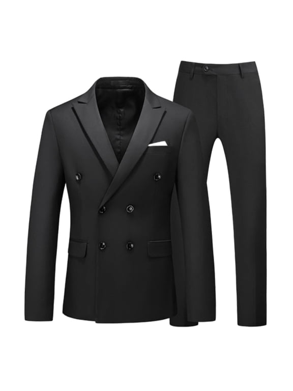 Men's Double Breasted Suit Slim Blazer Wedding Party Business Suits Formal Tuxedo 2 Piece Set Black XL