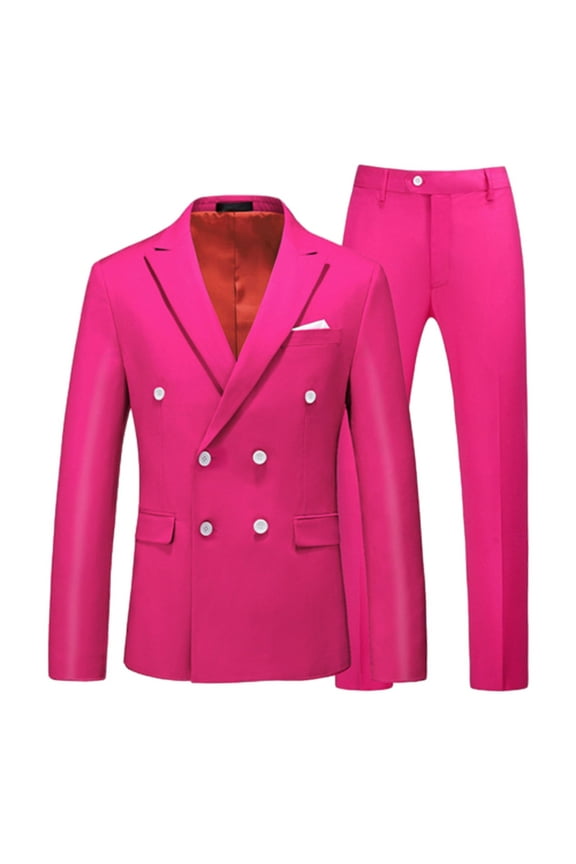 Men's Double Breasted Suit Slim Blazer Wedding Party Business Suits Formal Tuxedo 2 Piece Set Hot Pink XL