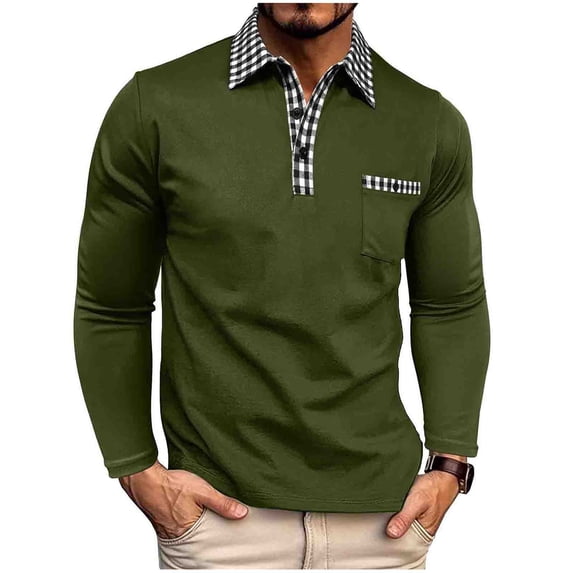 IYTR Men's Dress Shirts Long Sleeve Color Matching Turndown Collar Button Tshirts with Pocket Solid Color Leisure Loose Fit Spring Clothes Lightweight Shirt (Army Green,M)