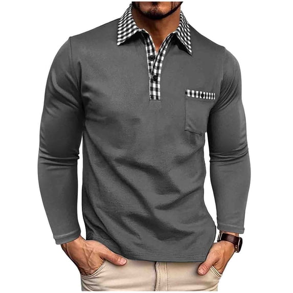 IYTR Men's Dress Shirts Long Sleeve Color Matching Turndown Collar Button Tshirts with Pocket Solid Color Leisure Loose Fit Spring Clothes Lightweight Shirt (Dark Gray,XXL)