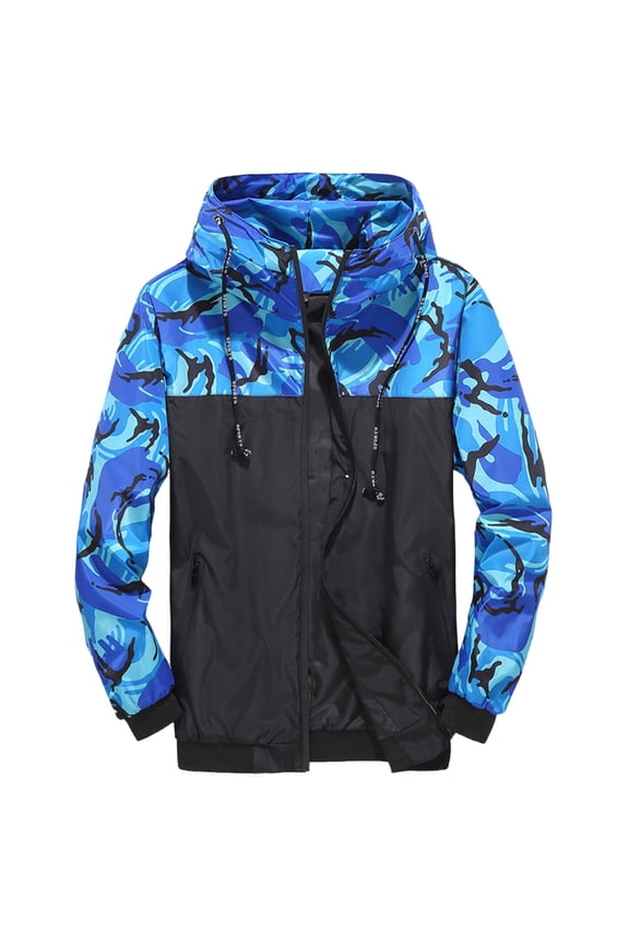 Men's Fashion Camouflage Jacket Lightweight Windbreaker Hooded Long Sleeve Coat Outdoor Sport Coat Blue M