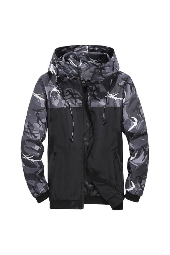 Men's Fashion Camouflage Jacket Lightweight Windbreaker Hooded Long Sleeve Coat Outdoor Sport Coat Gray XXXL