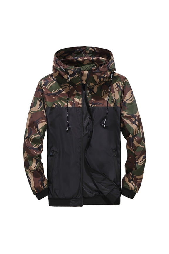 Men's Fashion Camouflage Jacket Lightweight Windbreaker Hooded Long Sleeve Coat Outdoor Sport Coat Green L