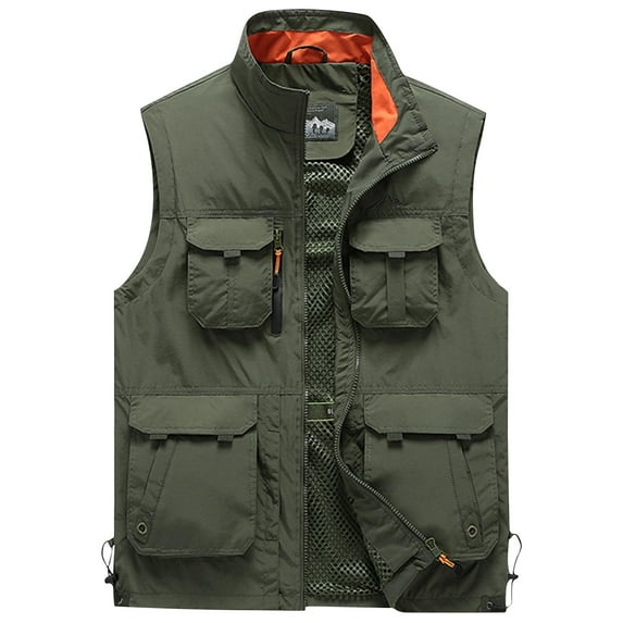 IYTR Men's Fashion Cargo Vest Loose Work Clothes Jacket with Pocket Solid Color Sleeveless Jacket Zipper Stand-up Collar Coat Army Green-A L