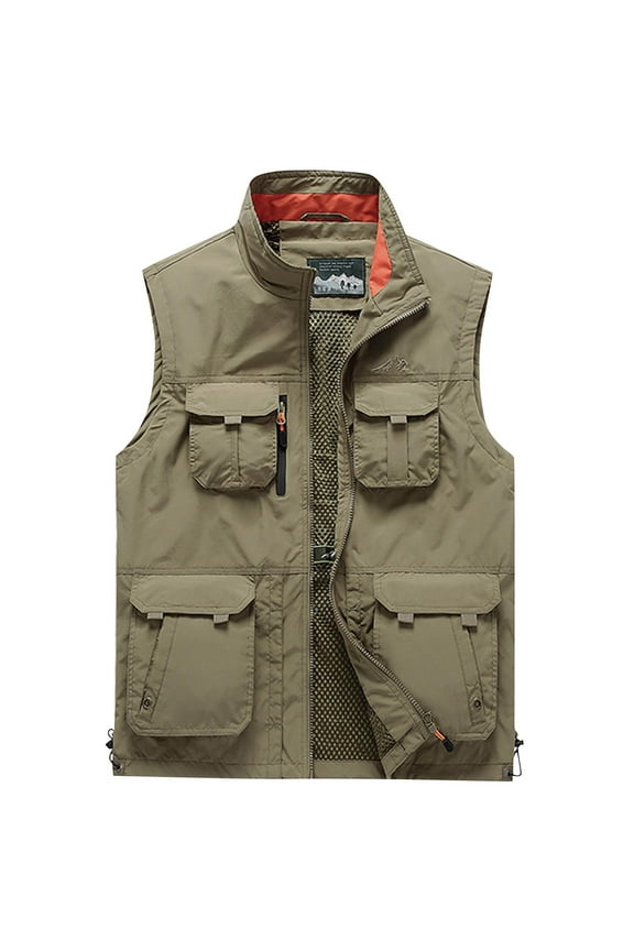 Men's Fashion Cargo Vest Loose Work Clothes Jacket with Pocket Solid Color Sleeveless Jacket Zipper Stand-up Collar Coat Khaki-A XXXXXL