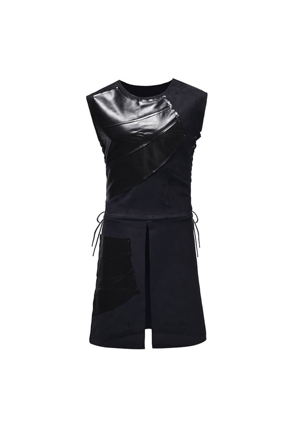 Men's Fashion Coat Pullover Round Neck Coat Patchwork Leather Button Side Tie Expandable Top Jacket Sleeveless Jacket Black L