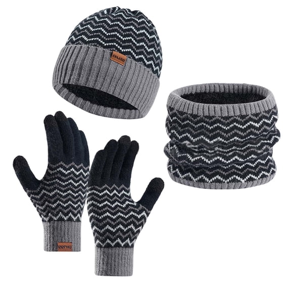 IYTR Men's Fashion Color Matching Striped Hat Fall And Winter Wool Hat Set Knitted Hat Padded Scarf Gloves Set Of Three Dark Gray Free Size