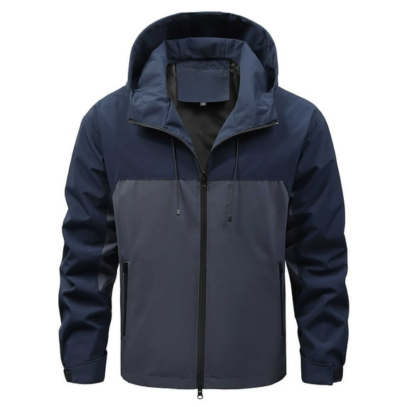 IYTR Men's Fashion Hooded Jacket Patchwork Long Sleeve Jacket Zipper Hooded Drawstring Coat Retro Style Jacket Coat with Pocket Navy L