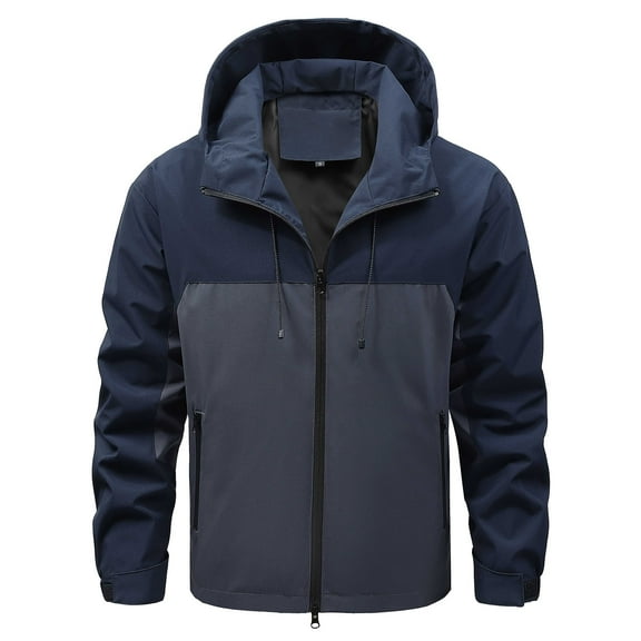 IYTR Men's Fashion Hooded Jacket Patchwork Long Sleeve Jacket Zipper Hooded Drawstring Coat Retro Style Jacket Coat with Pocket Navy S