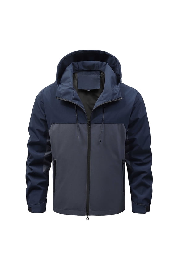 Men's Fashion Hooded Jacket Patchwork Long Sleeve Jacket Zipper Hooded Drawstring Coat Retro Style Jacket Coat with Pocket Navy S