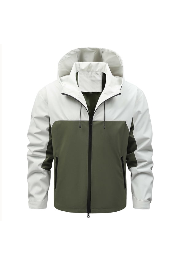 Men's Fashion Hooded Jacket Patchwork Long Sleeve Jacket Zipper Hooded Drawstring Coat Retro Style Jacket Coat with Pocket White L