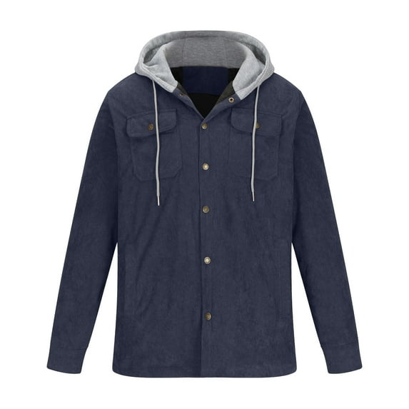 IYTR Men's Fashion Hooded Jacket Warm Hooded Coat with Pocket Patchwork Button-up Hooded Drawstring Coat Long Sleeve Jacket Navy XL